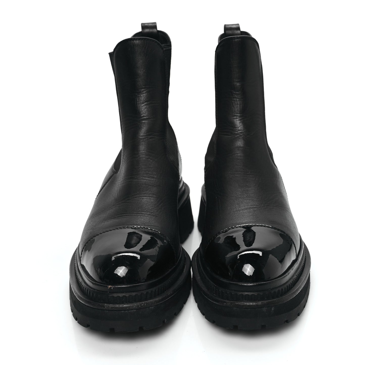 Grained Calfskin Patent Cap Toe CC Platform Ankle Boots 37.5 Black
