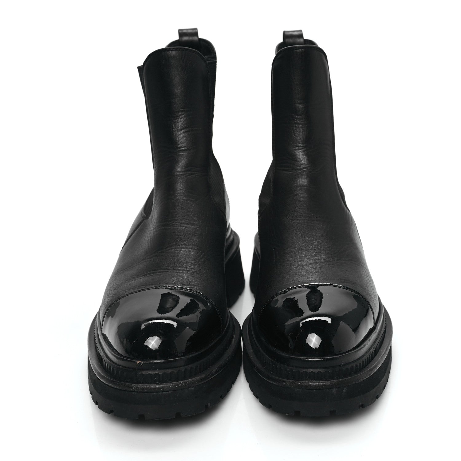 Chanel Grained Calfskin Patent Cap Toe CC Platform Ankle Boots 37.5 Black 2 of 10