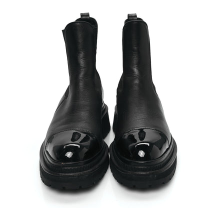 Chanel Grained Calfskin Patent Cap Toe CC Platform Ankle Boots 37.5 Black 2 of 10