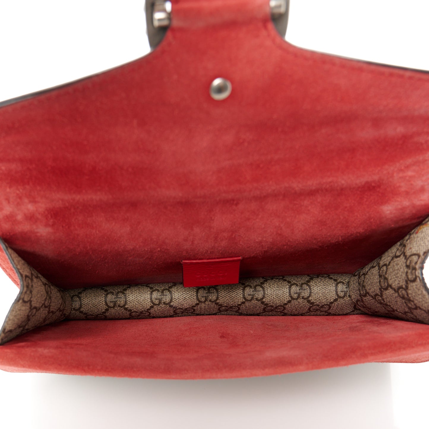 GG Supreme Monogram Suede Crystal Small Dionysus Shoulder Bag Beige Ebony Vulcanic Red