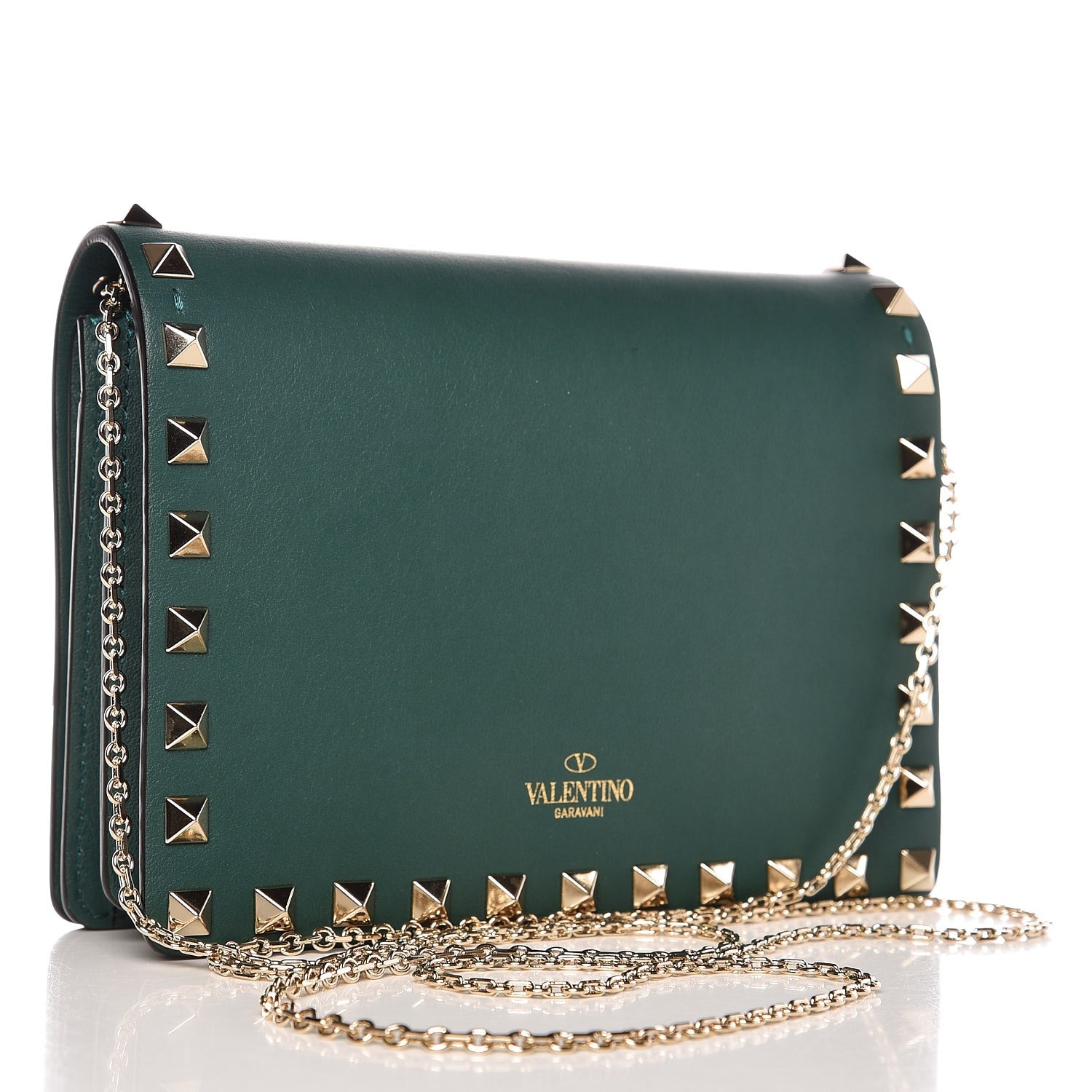 Valentino Garavani Calfskin Panther Mini Rockstud Wallet on Chain Emerald 3 of 7