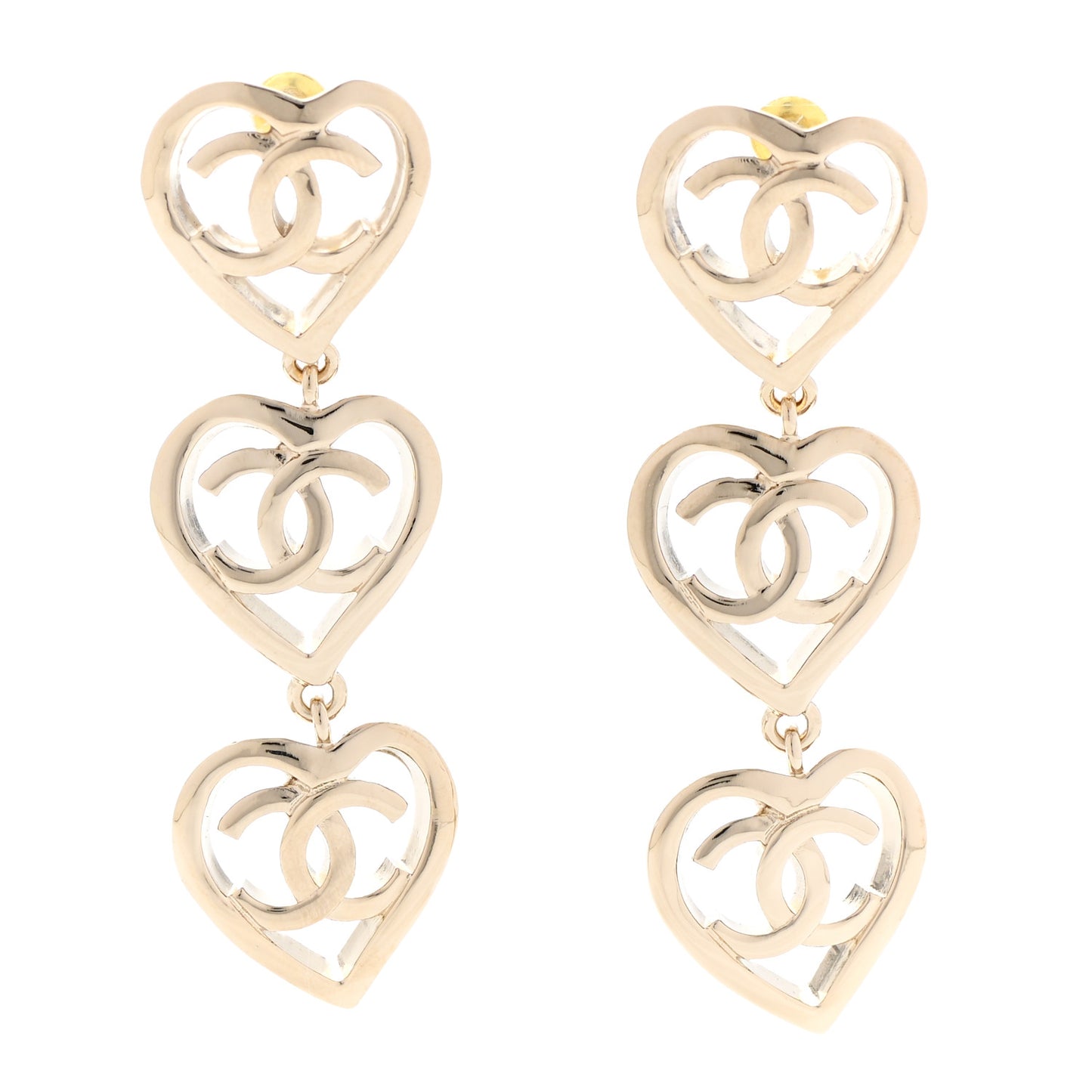 Metal CC Triple Heart Coco In Love Drop Earrings Gold