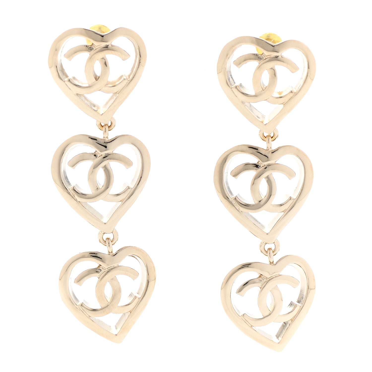 Chanel Metal CC Triple Heart Coco In Love Drop Earrings Gold 1 of 5