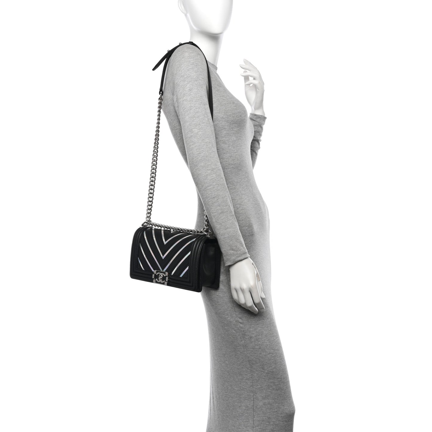 Lambskin Iridescent PVC Chevron Quilted Medium Boy Flap Black Silver