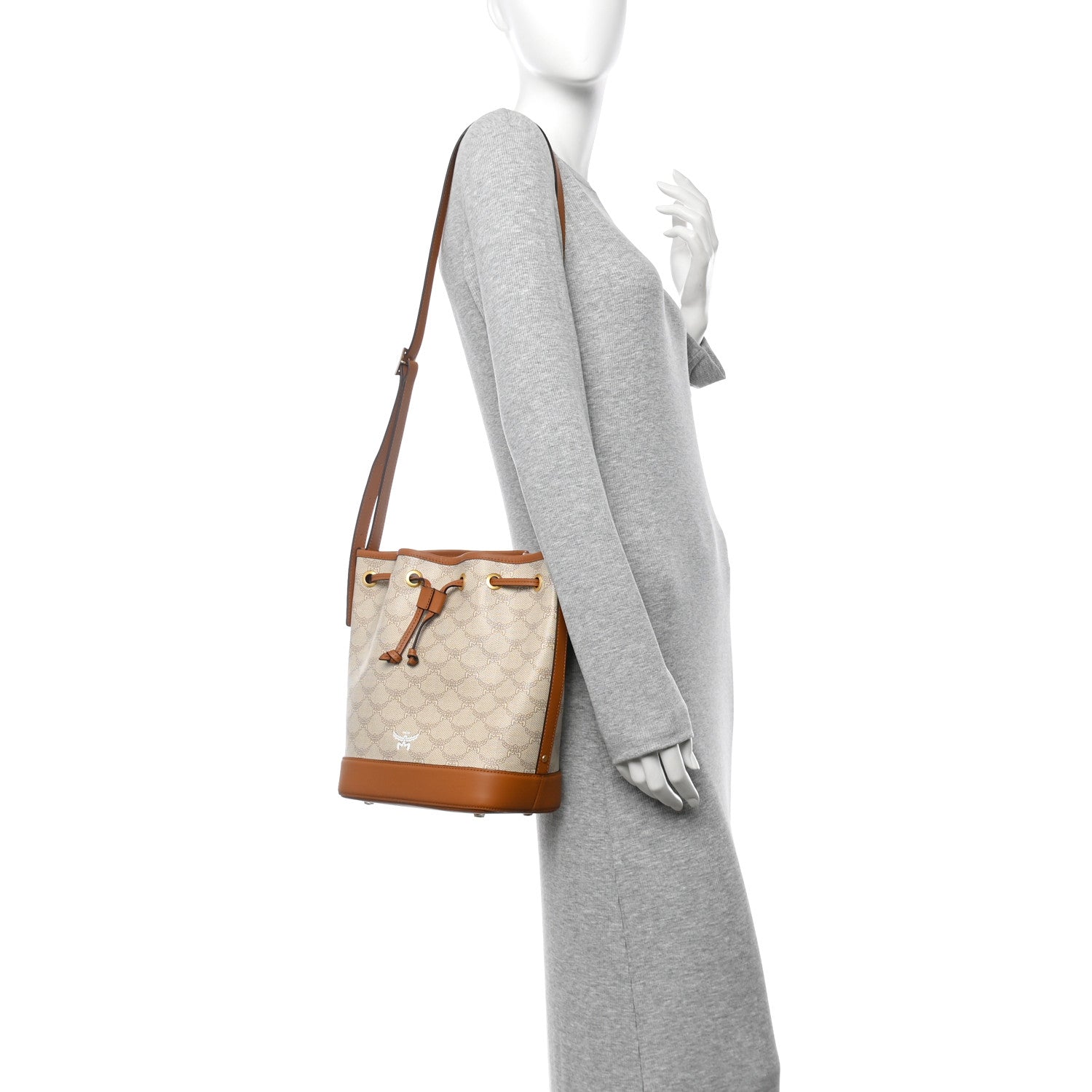 MCM Lauretos Spanish Calfskin Medium Himmel Drawstring Bucket Bag Oatmeal 2 of 10