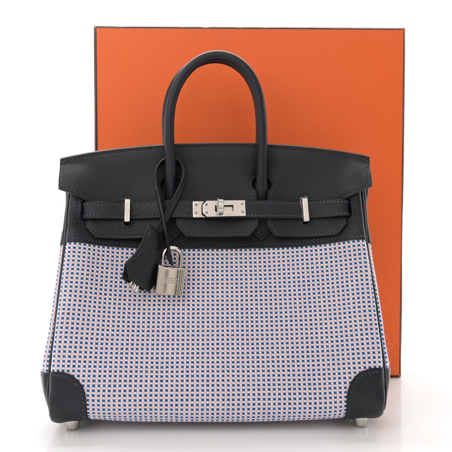Hermes Toile Quadrille Swift Birkin 25 Caban Ecru Mauve Sylvestre Bleu Bill 11 of 11