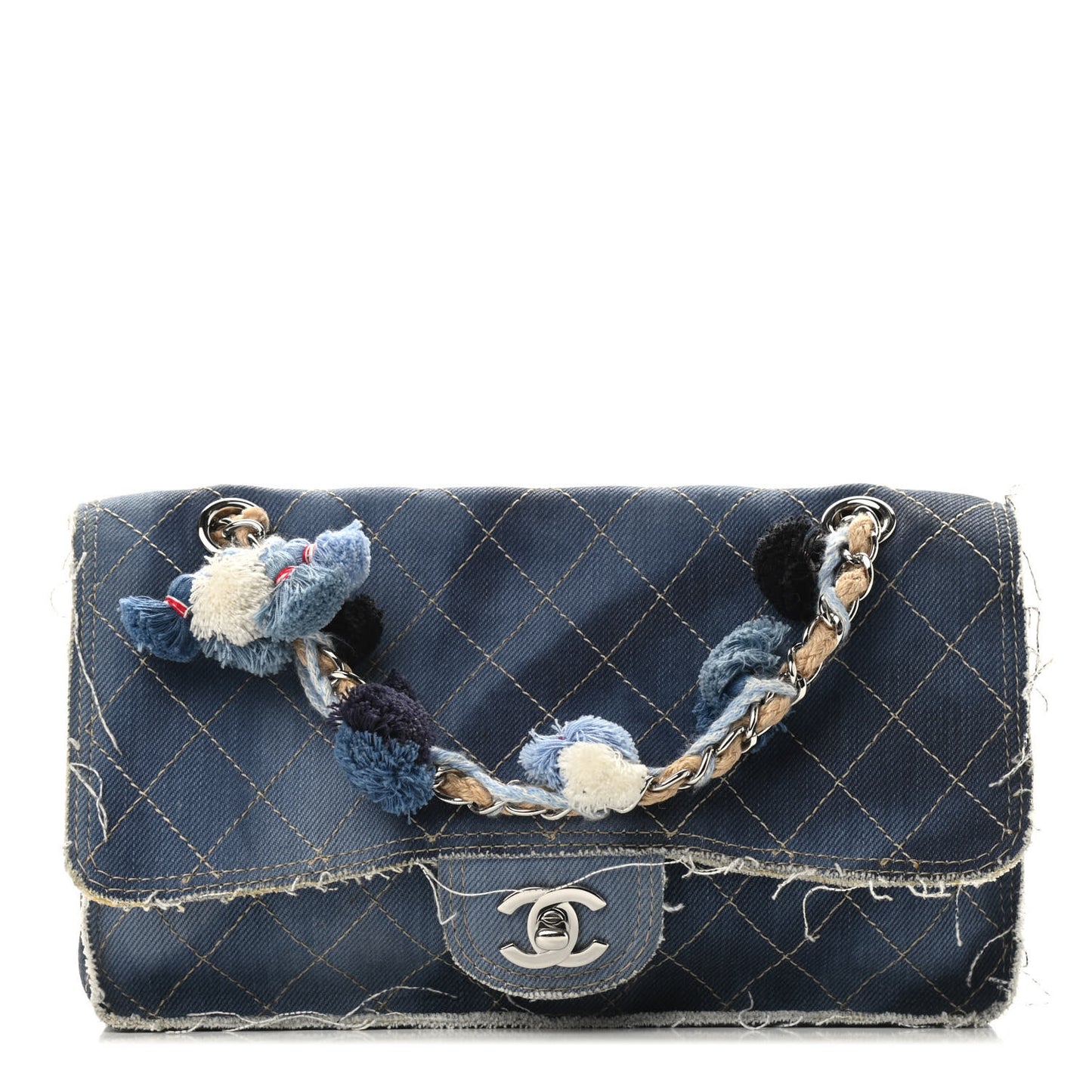 Denim Quilted Medium Pompom Flap Dark Blue