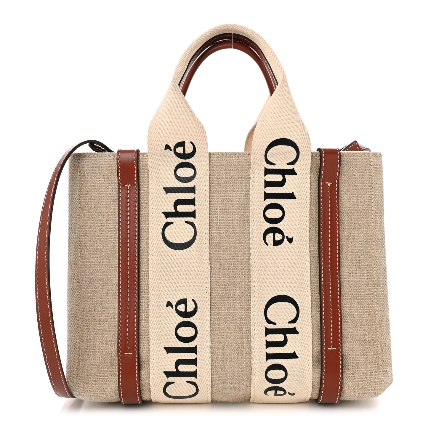 Linen Calfskin Small Woody Ribbon Tote With Strap White Brown