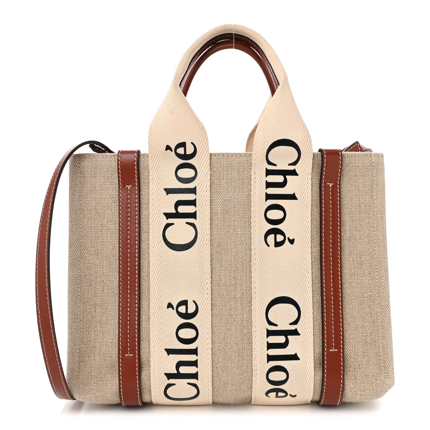 Chloe Linen Calfskin Small Woody Ribbon Tote With Strap White Brown 1 of 10