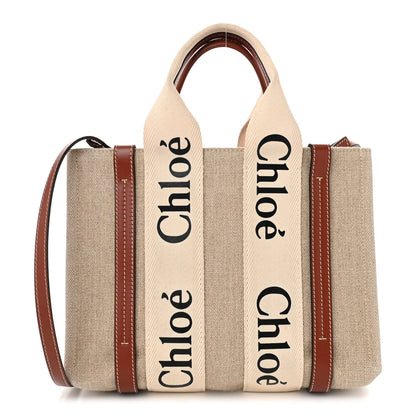 Chloe Linen Calfskin Small Woody Ribbon Tote With Strap White Brown 1 of 10