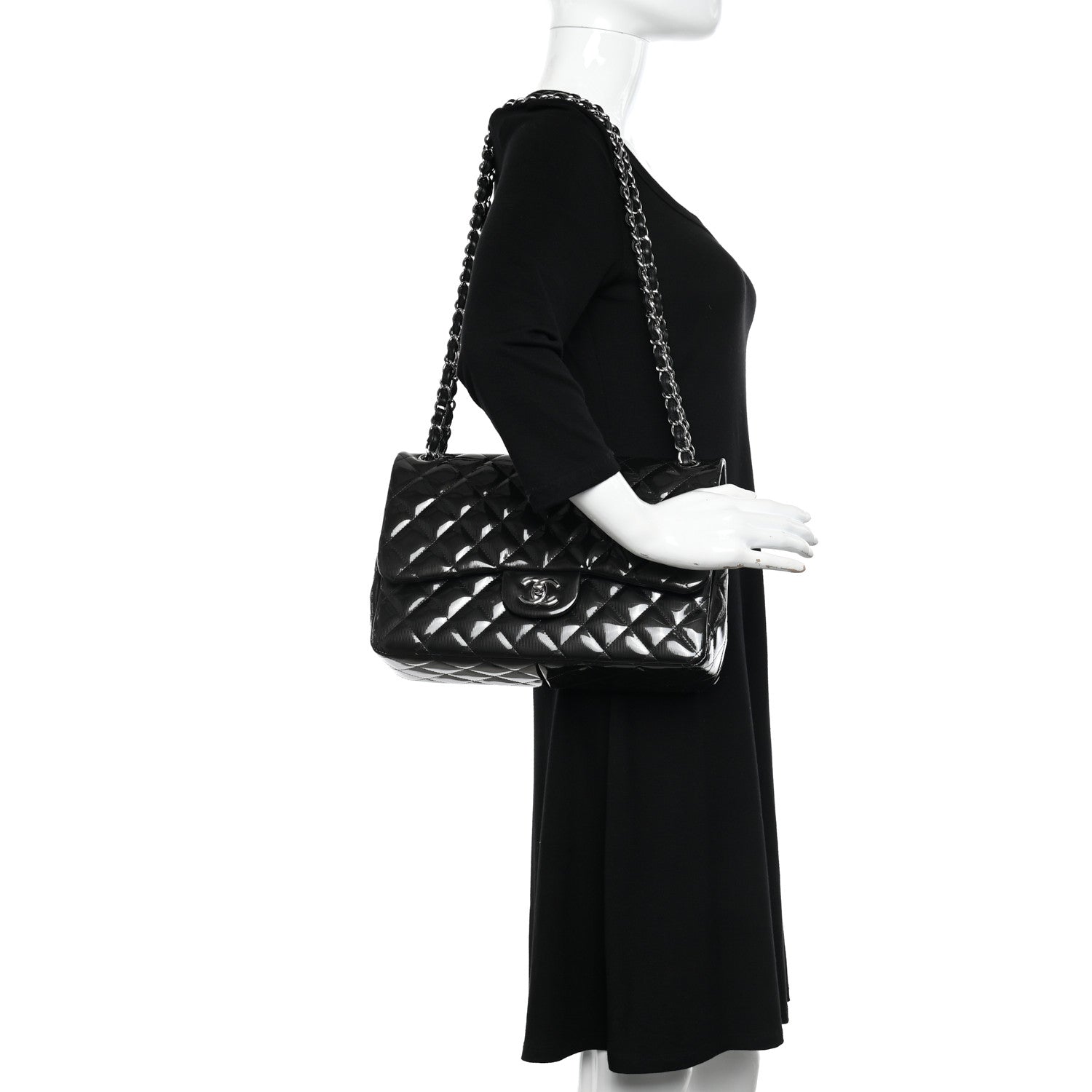 Chanel Striated Patent Quilted Jumbo Double Flap Black 2 of 17