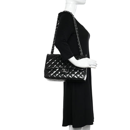 Chanel Striated Patent Quilted Jumbo Double Flap Black 2 of 17