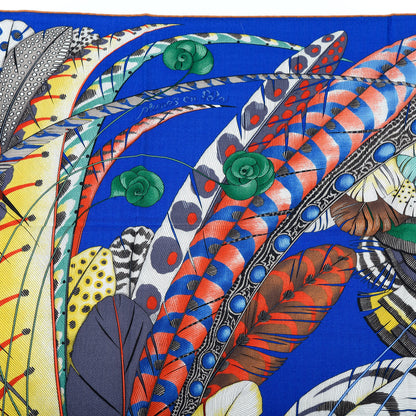 Hermes Cashmere Silk Plumes En Fete Shawl 140 Bleu Roy Jaune Rouge 2 of 6