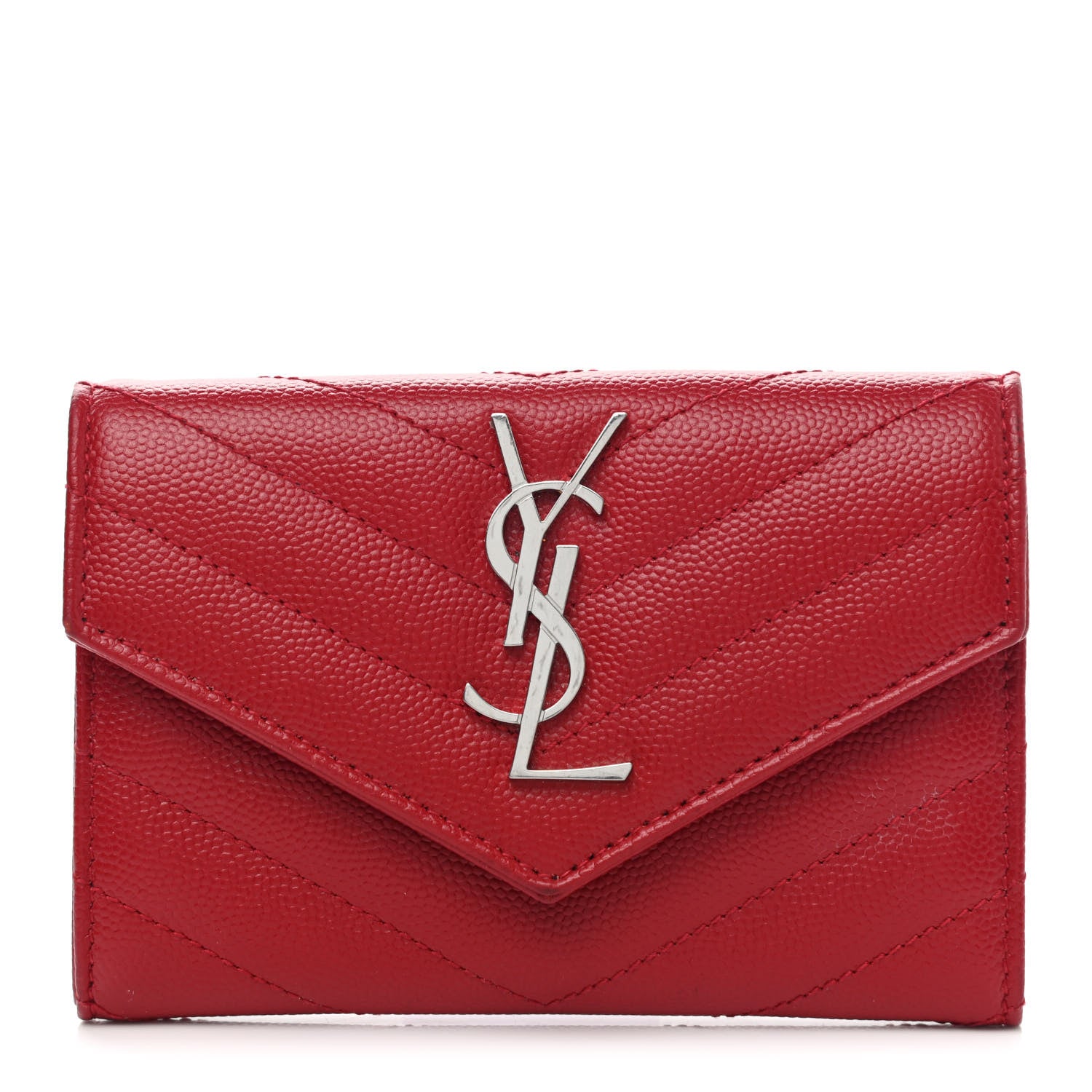 Saint Laurent Grain De Poudre Matelasse Chevron Small Monogram Envelope Wallet New Red 1 of 18