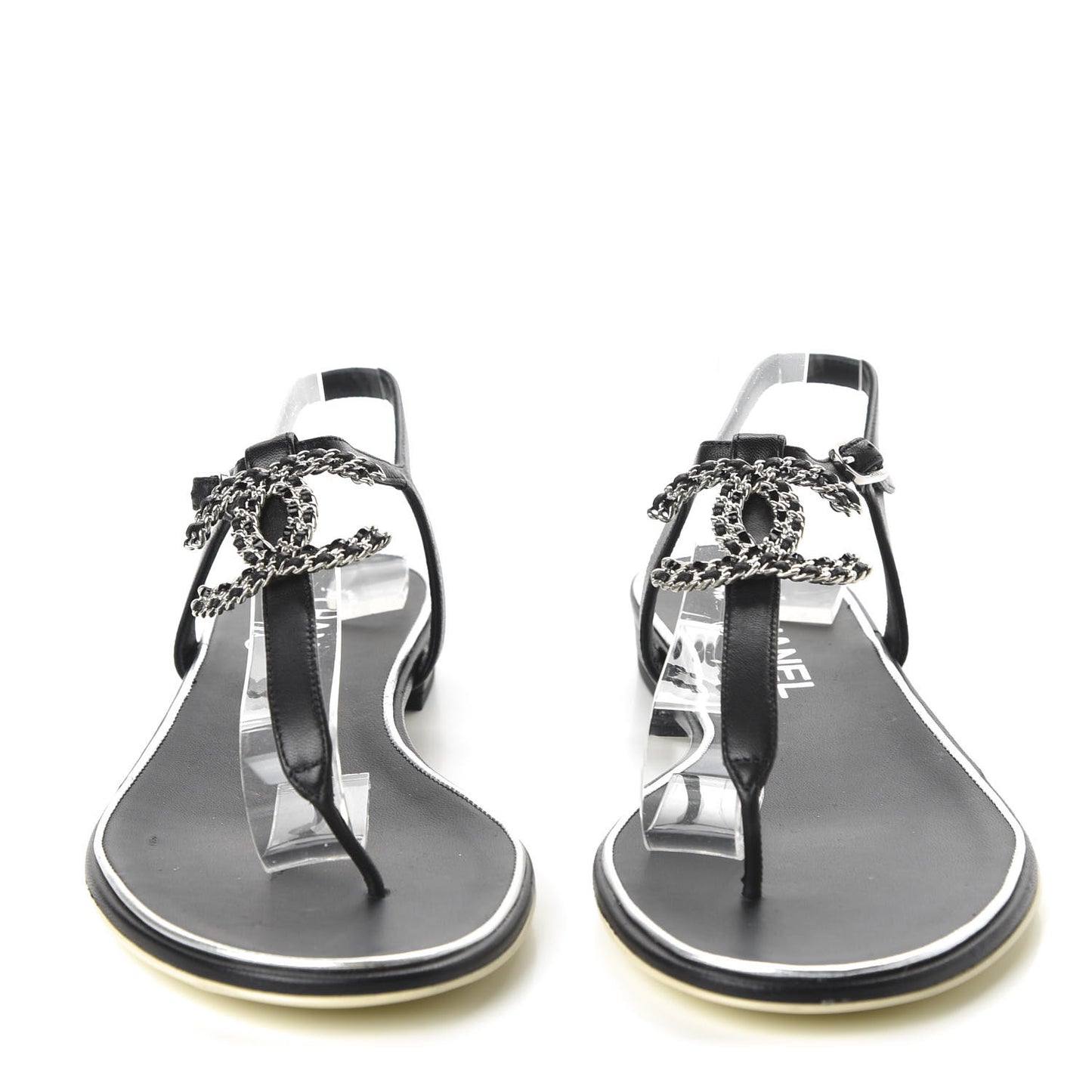 Lambskin CC Chain Thong Sandals 40 Black