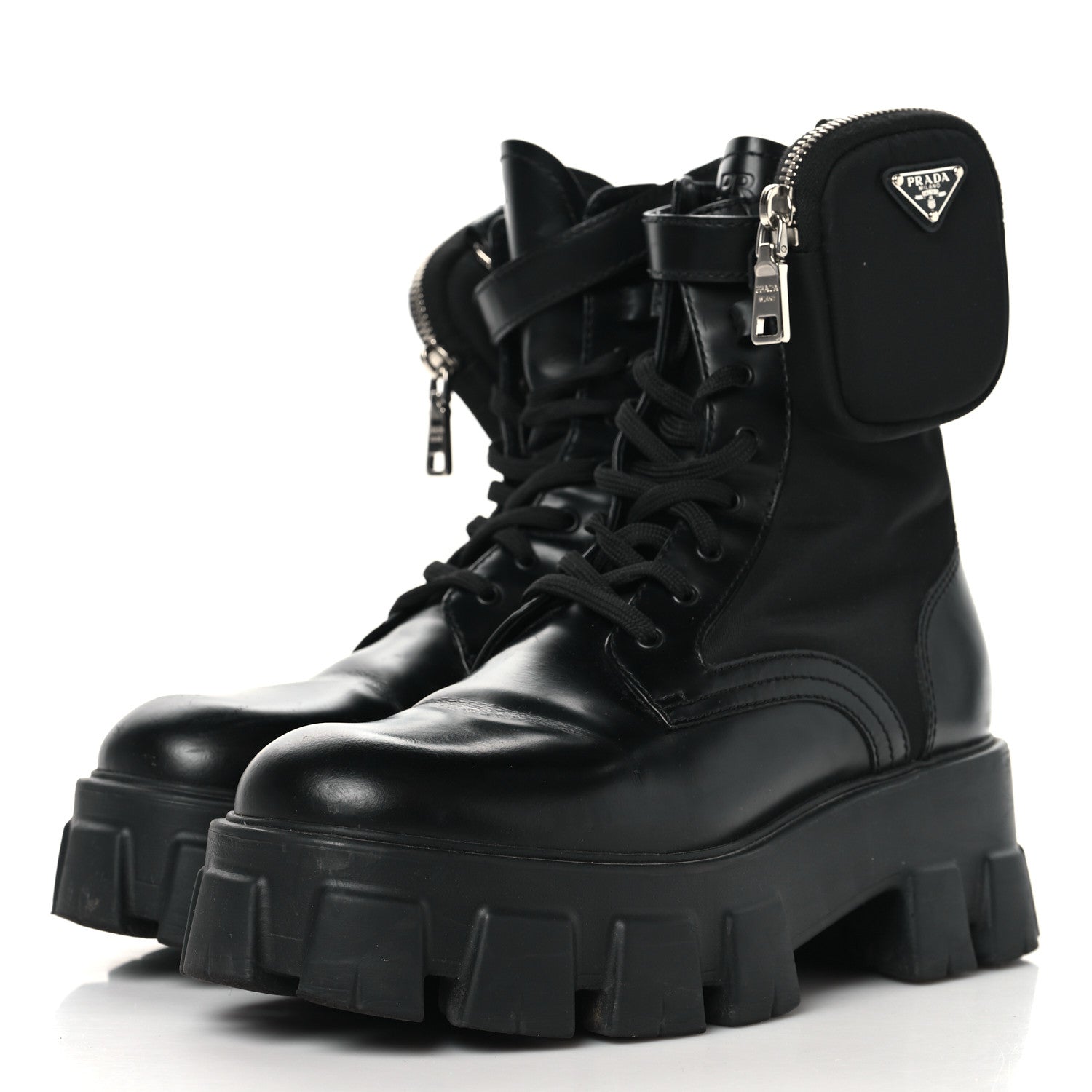Prada Spazzolato Rois Nylon Metal Triangle Logo Monolith Pouch Pocket 55mm Boots 39 Black 3 of 8