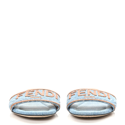 Fendi Denim Print Logo Flat Slide Sandals 38 Denim Brandy 2 of 10