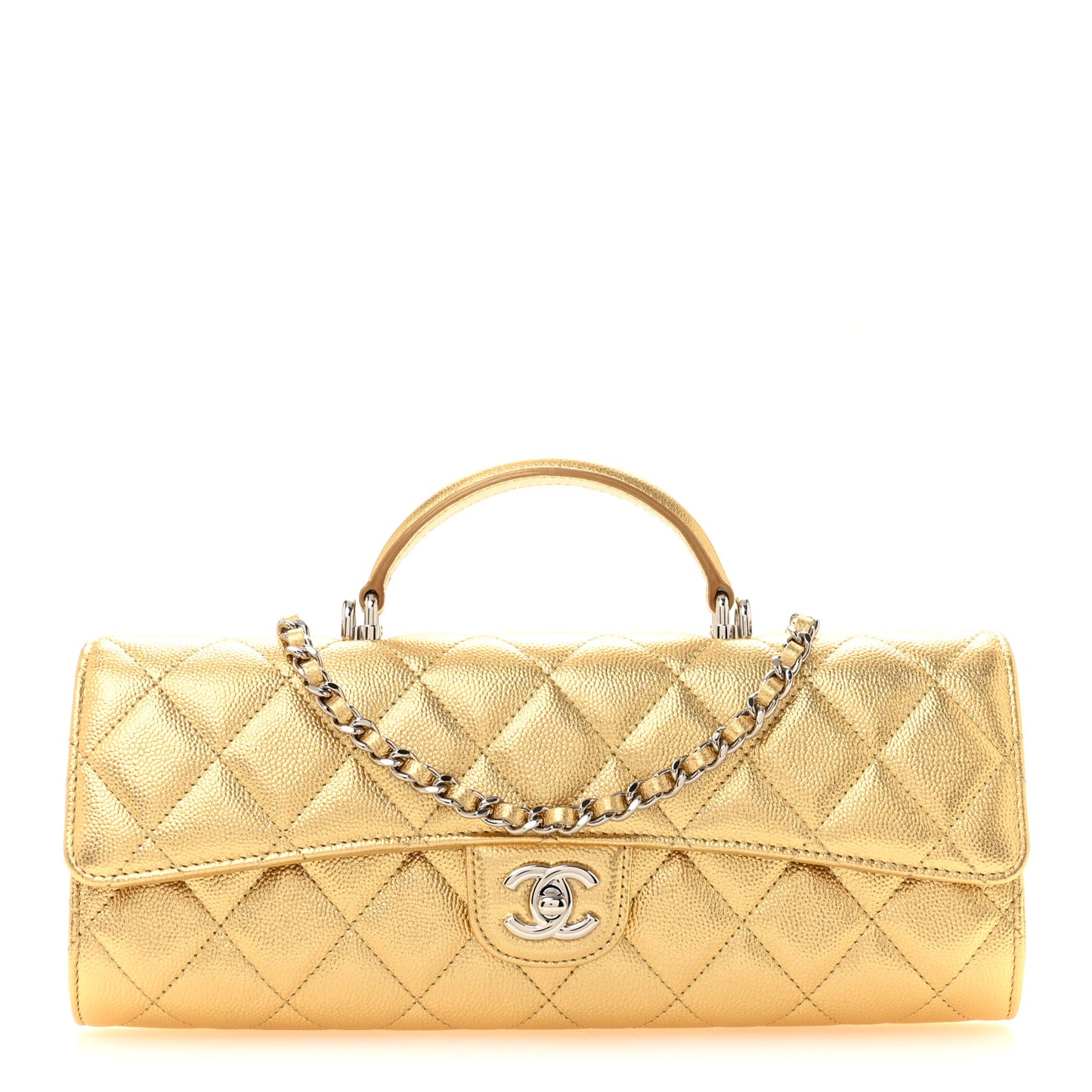 Metallic Caviar Quilted Top Handle Long Clutch With Chain Gold