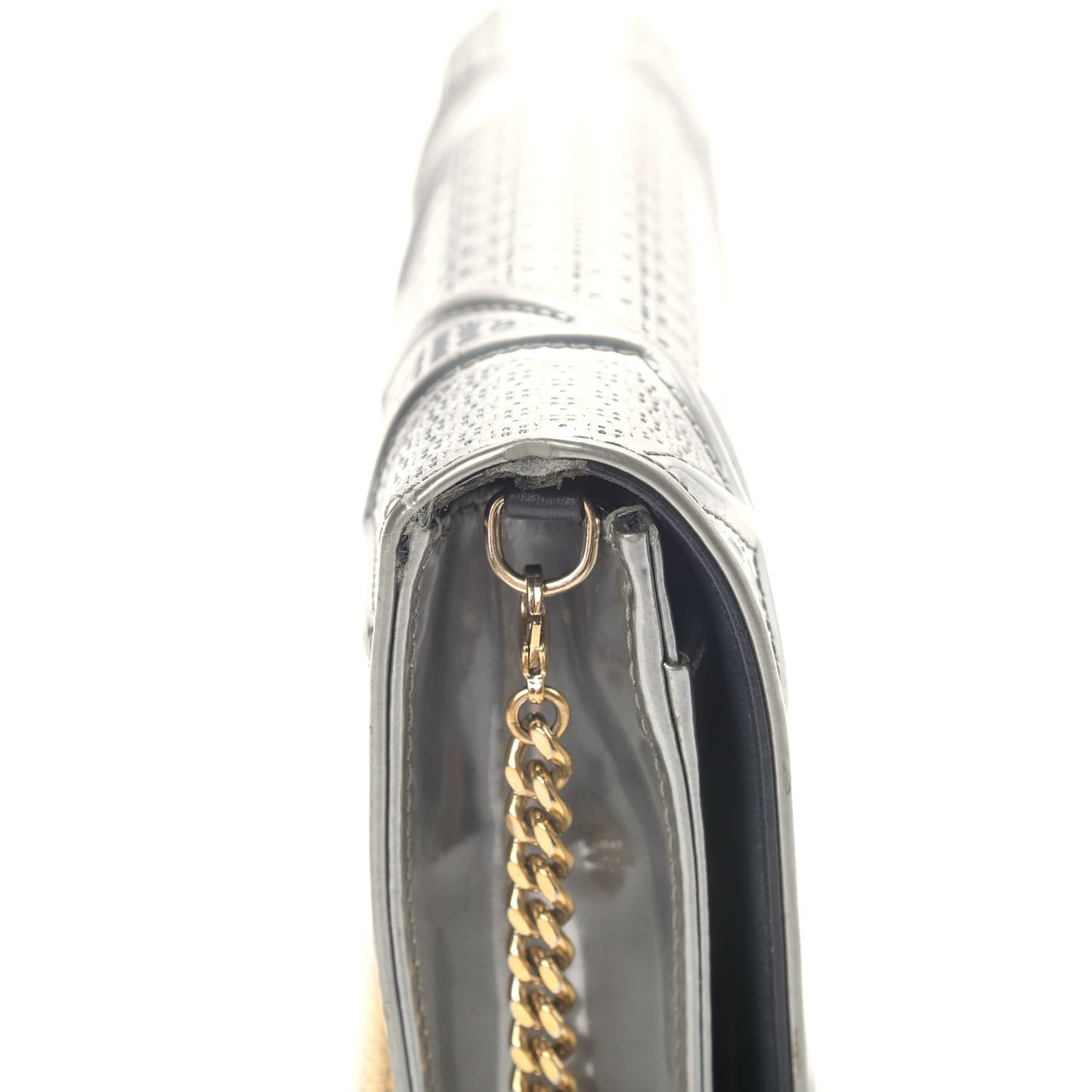 Metallic Patent Micro-Cannage Diorama Wallet on Chain Pouch Silver