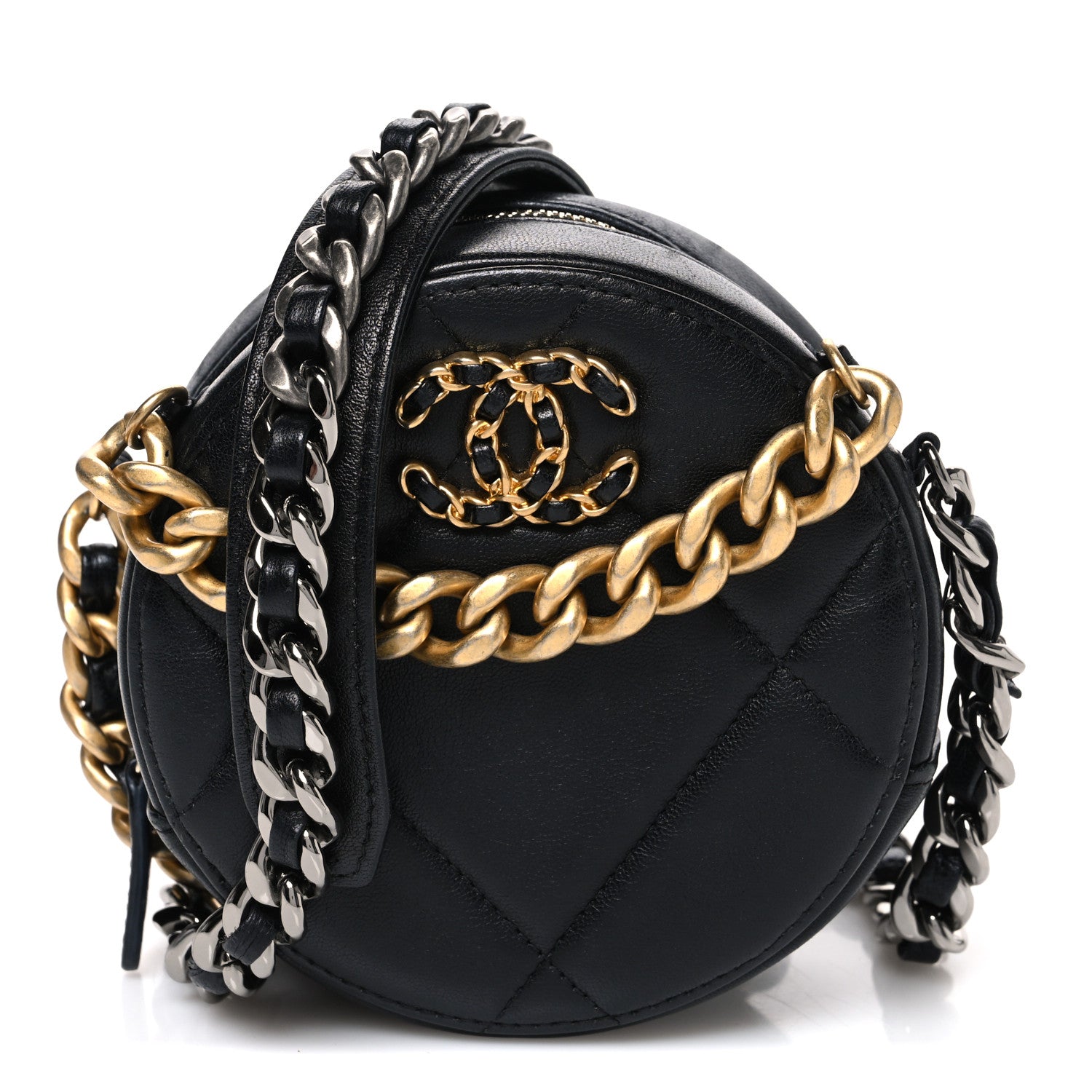 Chanel Lambskin Quilted Chanel 19 Round Clutch With Chain Black 1 of 10