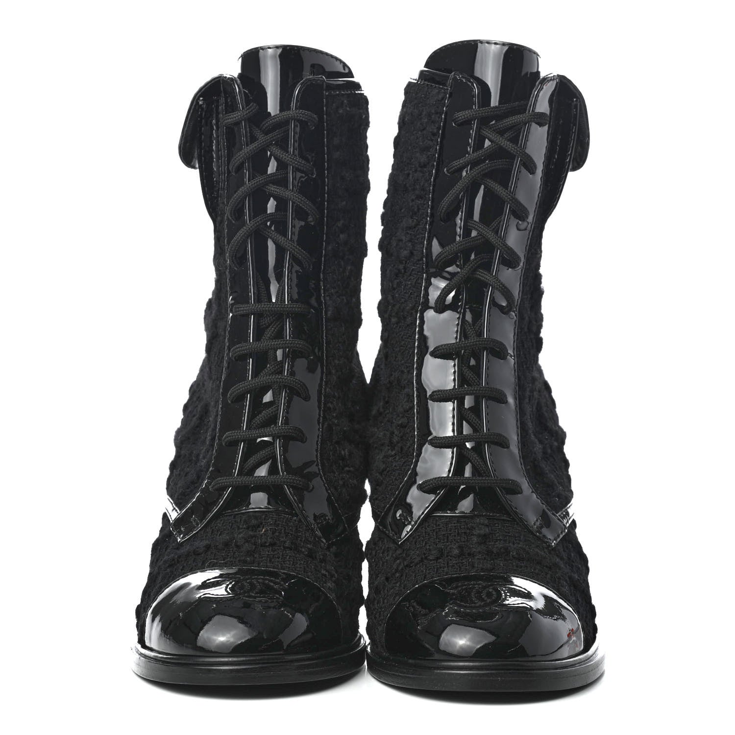 Chanel Tweed Patent Calfskin Lace Up Short Boots 36 Black 2 of 10
