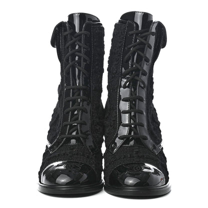 Chanel Tweed Patent Calfskin Lace Up Short Boots 36 Black 2 of 10