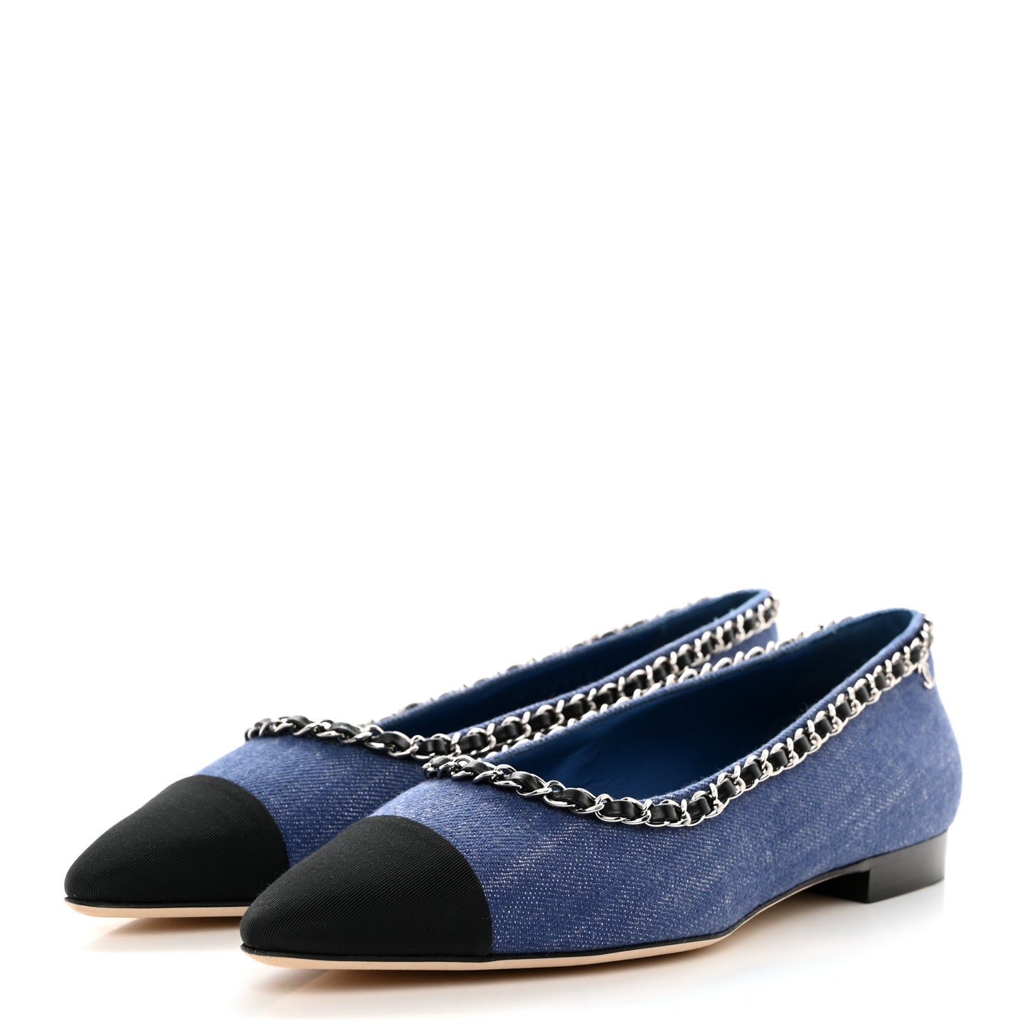 Fabric Grosgrain Chain Cap Toe Flats 39 Blue Black