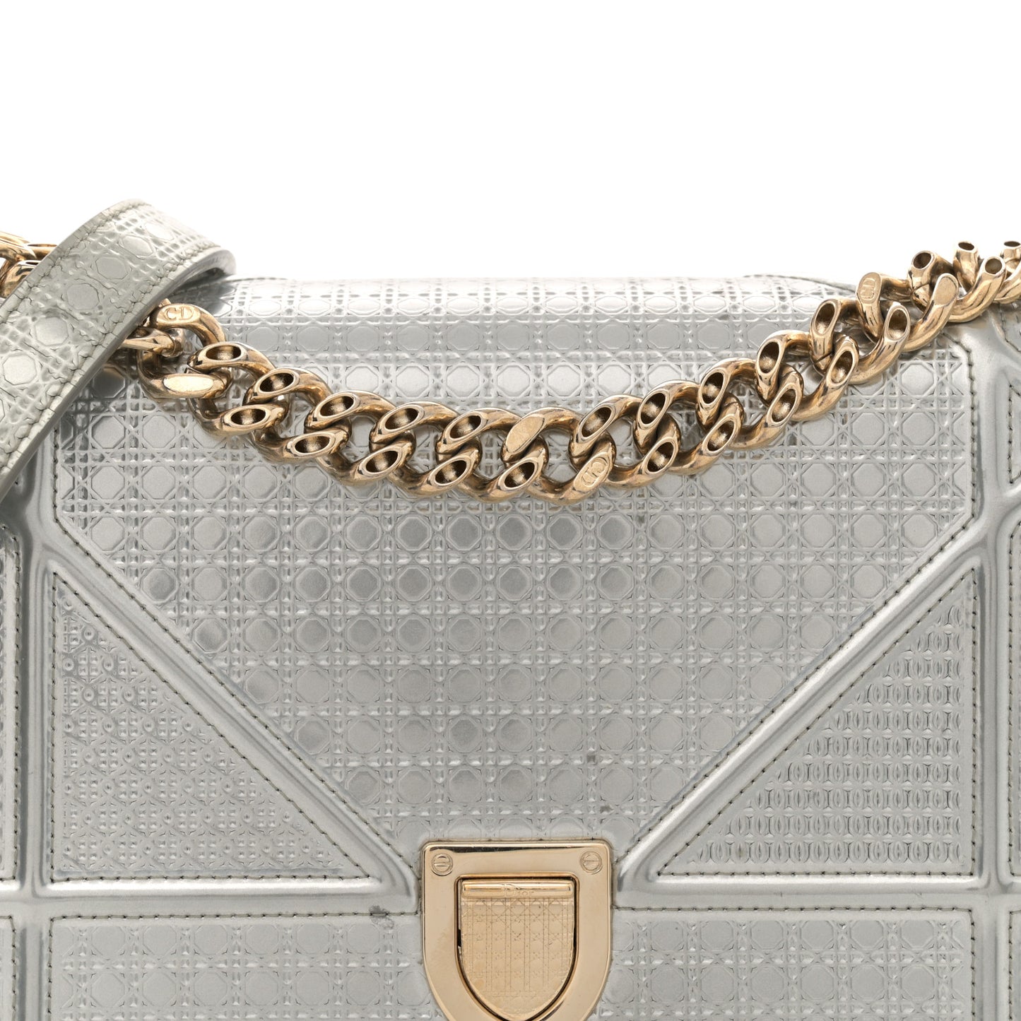Metallic Patent Micro-Cannage Small Diorama Flap Bag Silver