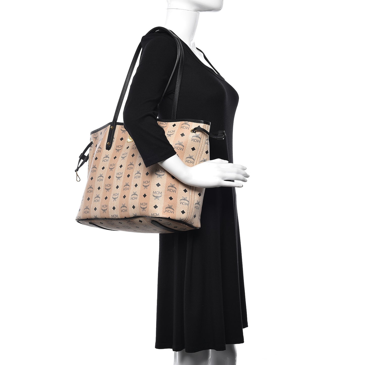 Striped Visetos Medium Shopper Tote Beige Black