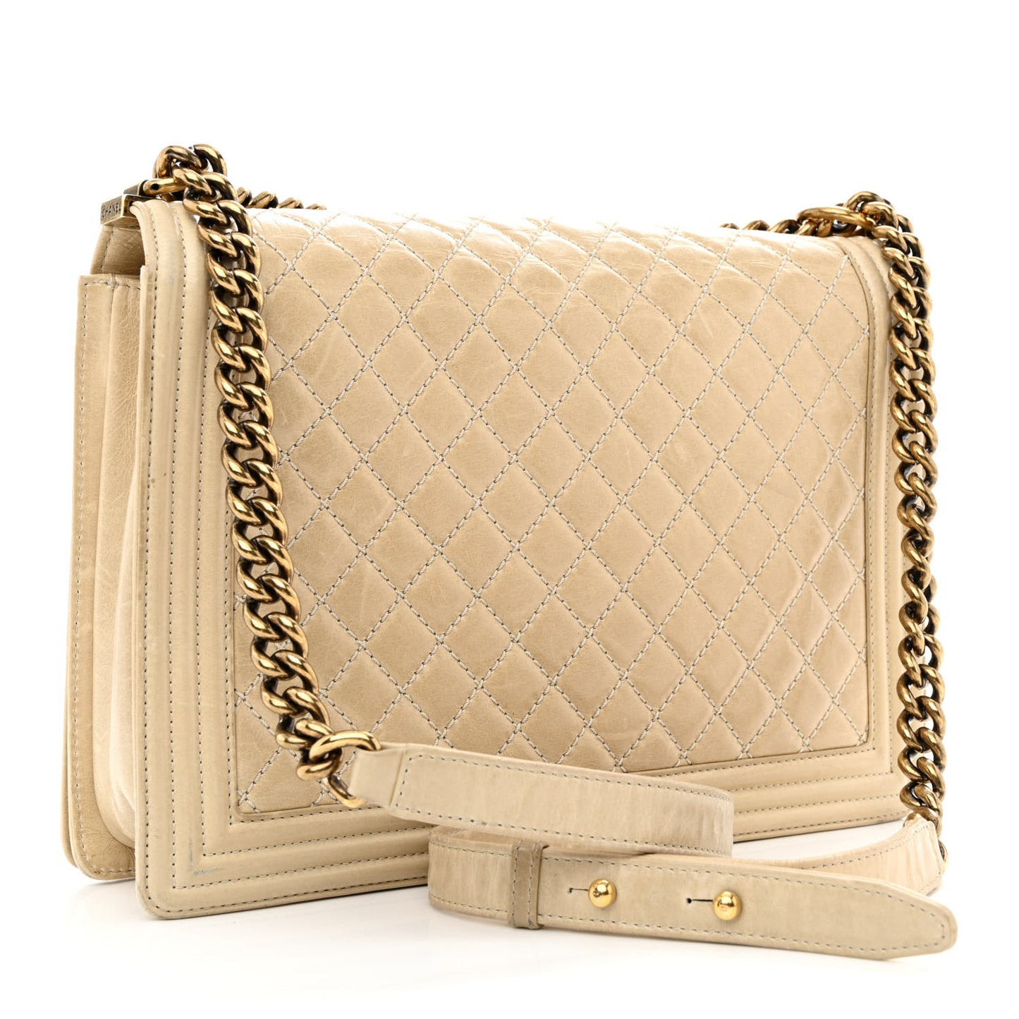 Glazed Calfskin Quilted Large Boy Flap Beige