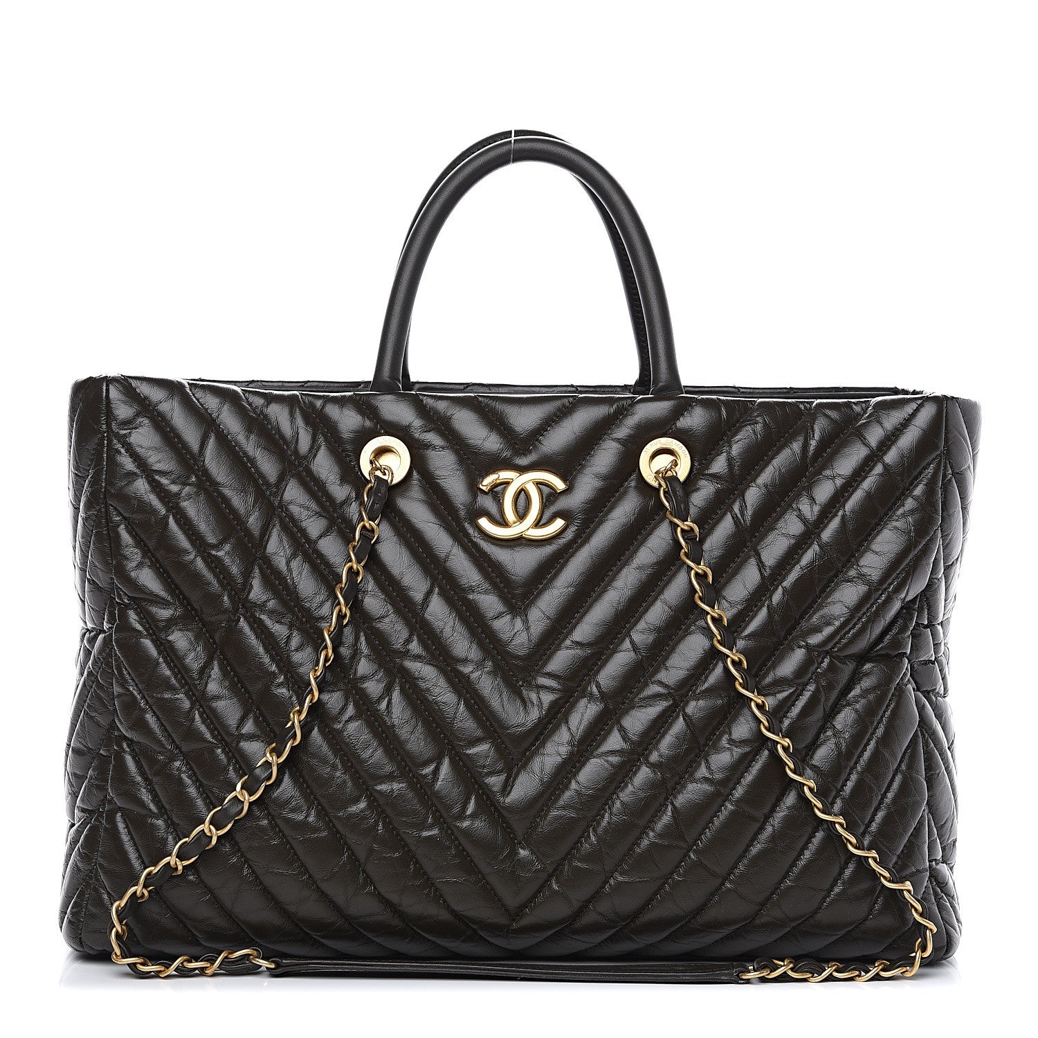 Chanel Aged Calfskin Chevron Large Coco Handle Shopping Tote Dark Green 1 of 11