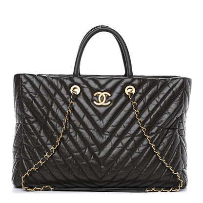Chanel Aged Calfskin Chevron Large Coco Handle Shopping Tote Dark Green 1 of 11
