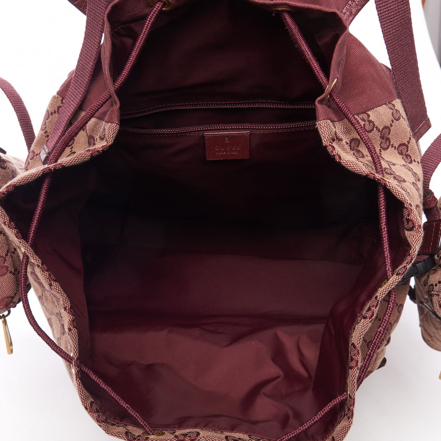 GG Monogram Script Logo Large Double Pocket Backpack Sahara Rubino Bordeaux