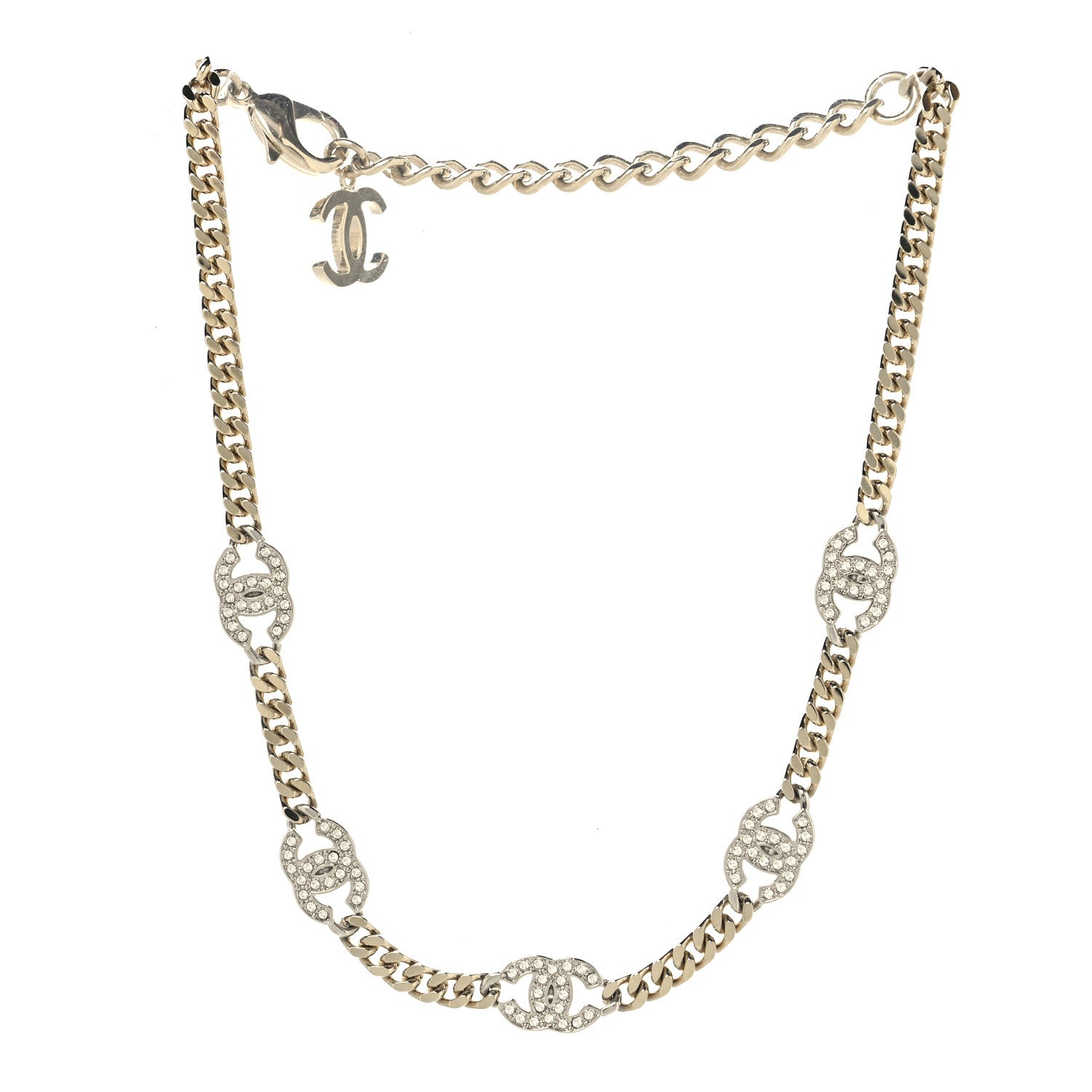 Chanel Crystal Chain CC Necklace Gold Silver 3 of 4
