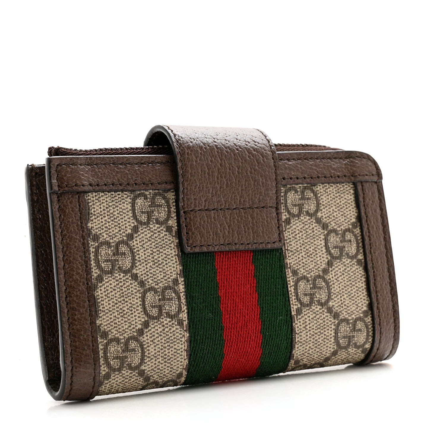 GG Supreme Monogram Textured Dollar Calfskin Web Ophidia Overlay Zip Around Card Case Wallet Beige Ebony New Acero