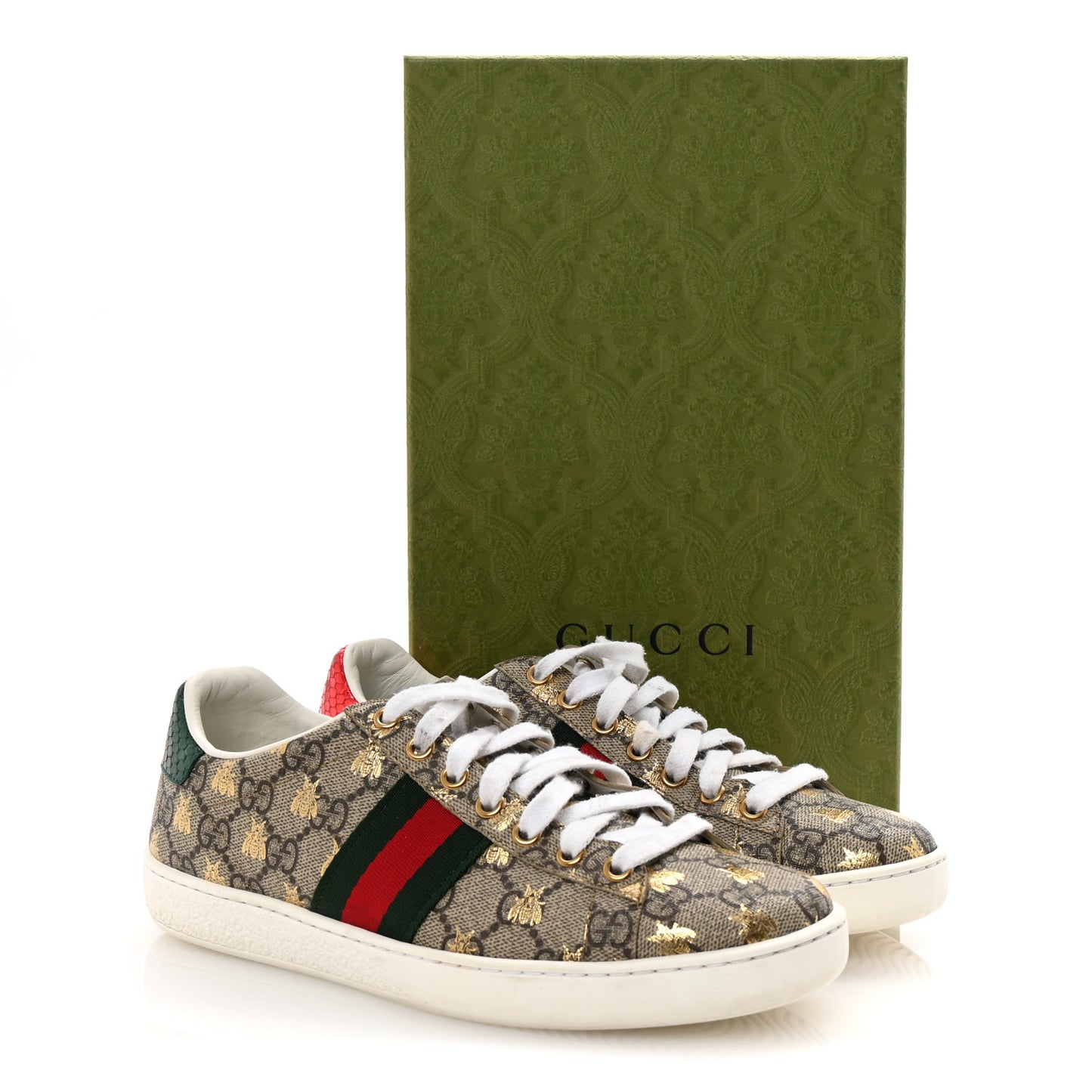 GG Supreme Monogram Bees Ayers Web Womens Ace Sneakers 37 Beige Oro Green Red