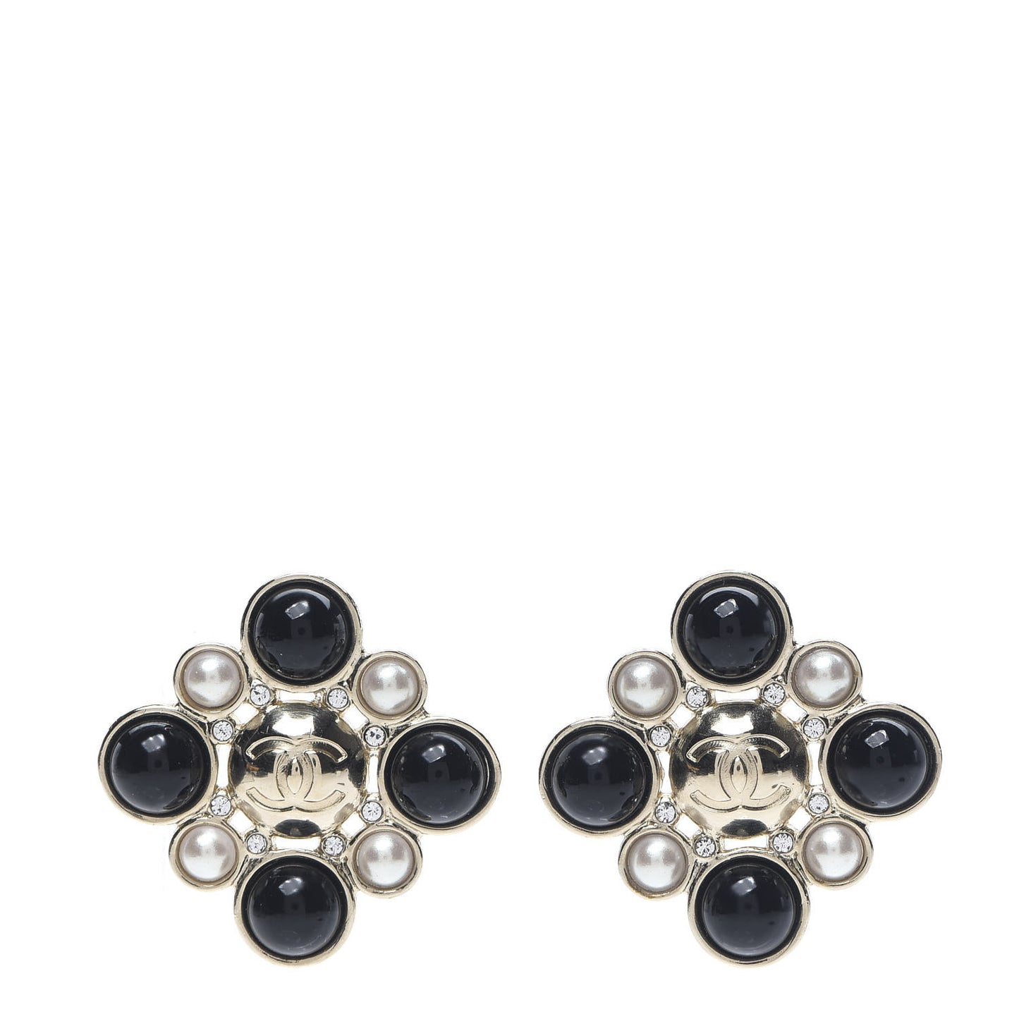Enamel Pearl Crystal CC Earrings Black Gold