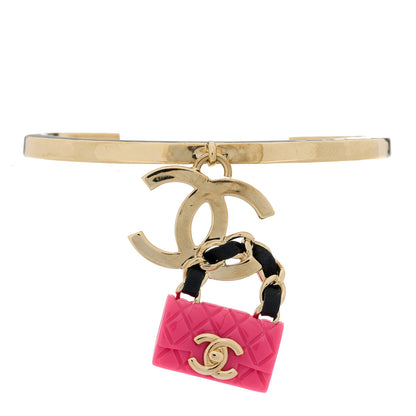 Chanel Calfskin Metal Resin CC Quilted Flap Cuff Bracelet Gold Black Pink 1 of 4
