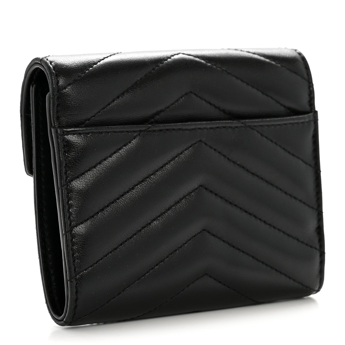 Lambskin Matelasse Chevron Monogram Compact Tri Fold Wallet Black