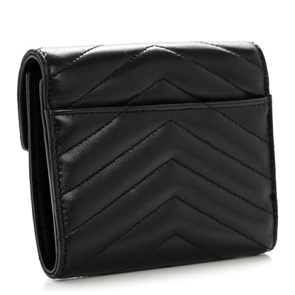 Saint Laurent Lambskin Matelasse Chevron Monogram Compact Tri Fold Wallet Black 3 of 11