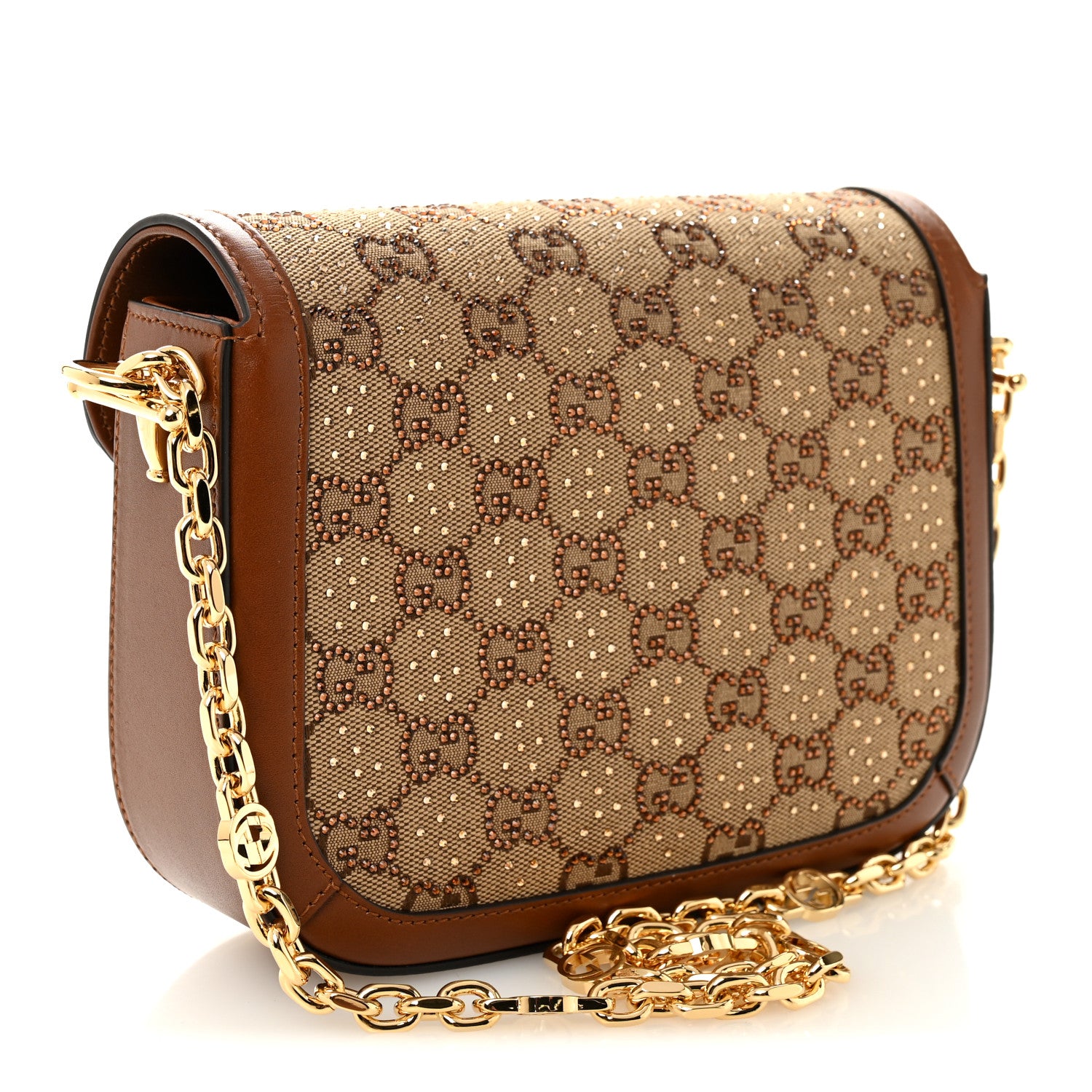Gucci New Canvas Charisma Calfskin Crystal GG Monogram Mini Horsebit 1955 Shoulder Bag Camel Ebony 3 of 10