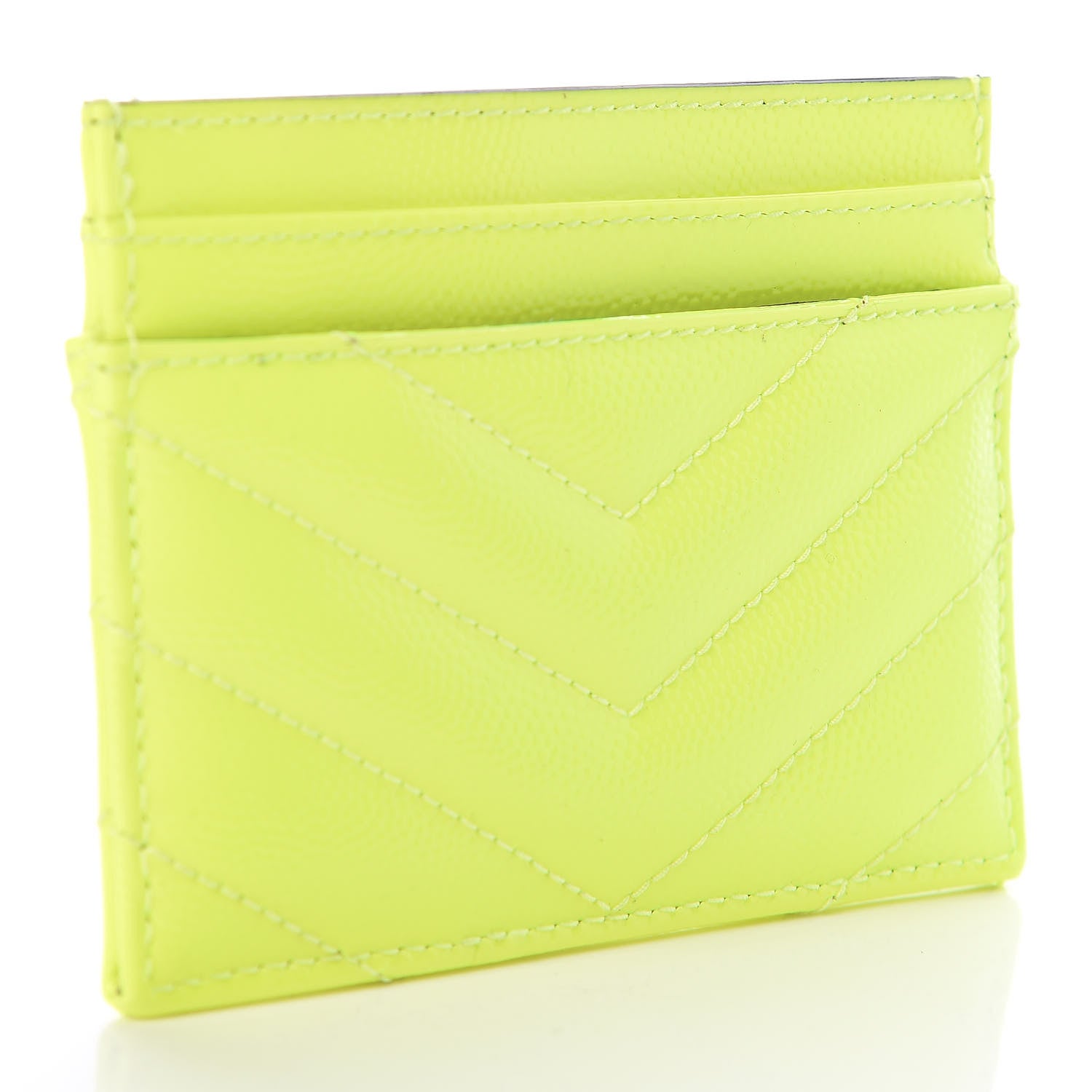 Saint Laurent Patent Grain De Poudre Matelasse Chevron Monogram Credit Card Case Neon Yellow 3 of 7