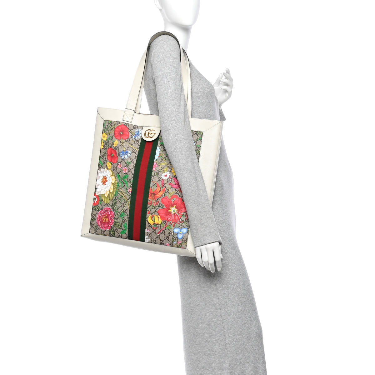 GG Supreme Monogram Flora Web Ophidia Vertical Shopping Tote White
