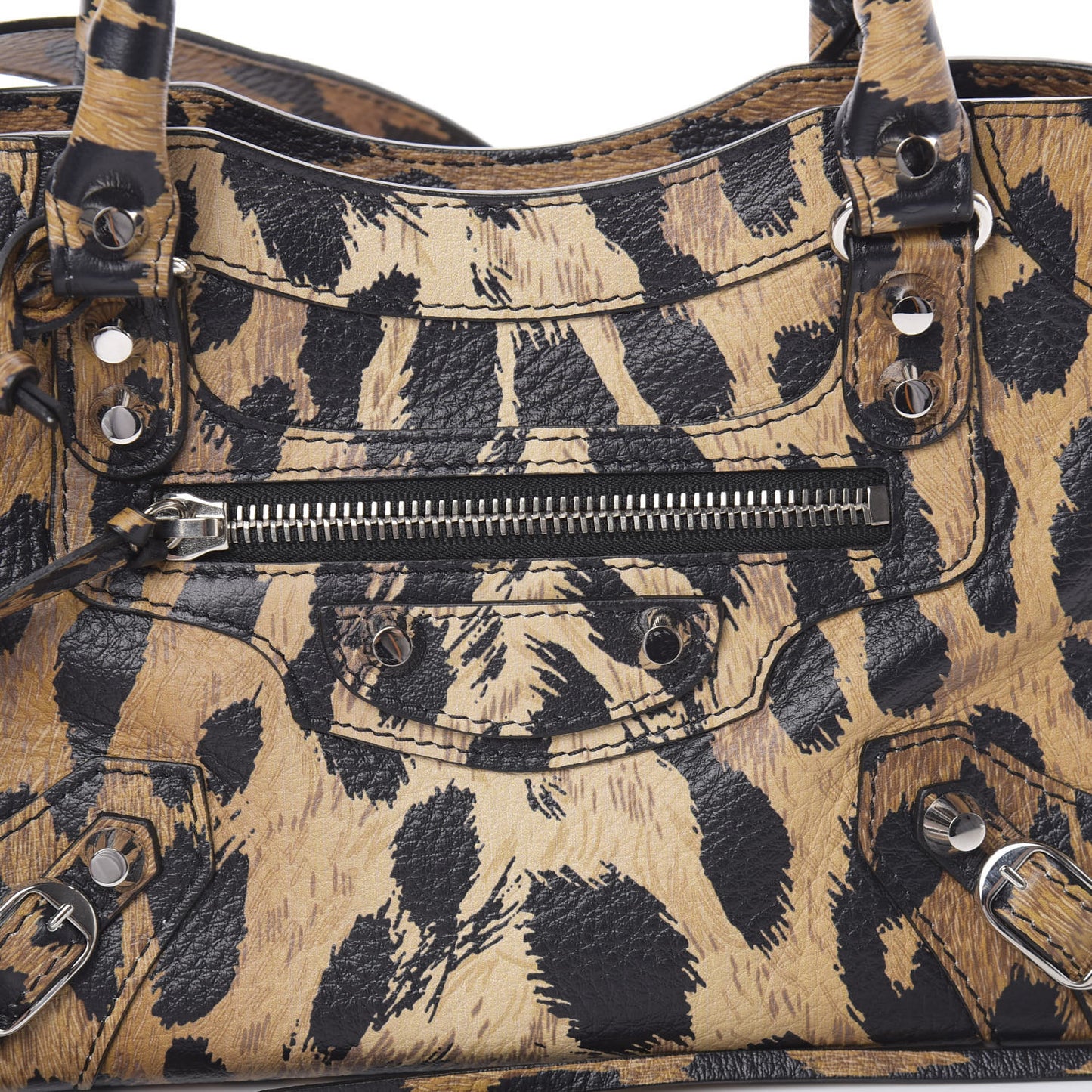 Smooth Calfskin Leopard Print Classic Silver Hardware Mini City Beige