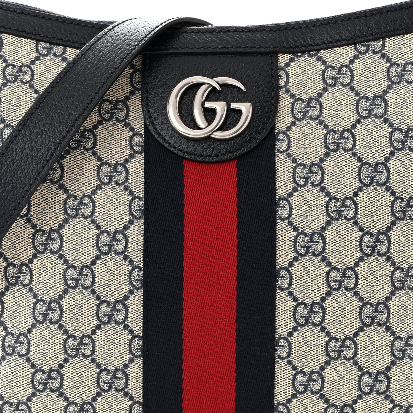 GG Supreme Monogram Textured Dollar Calfskin Web Small Ophidia Half Moon Hobo Beige Blue