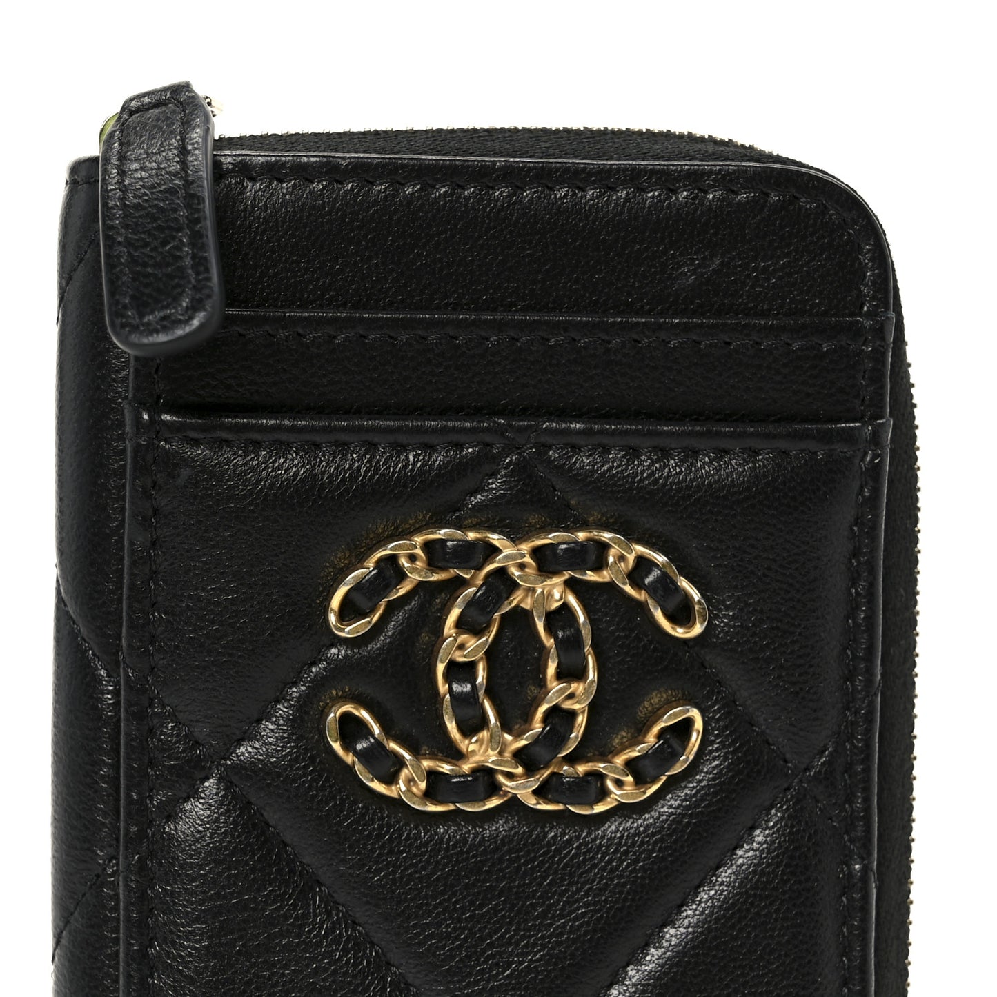 Lambskin Quilted Chanel 19 Vertical Zip Card Holder Wallet Black