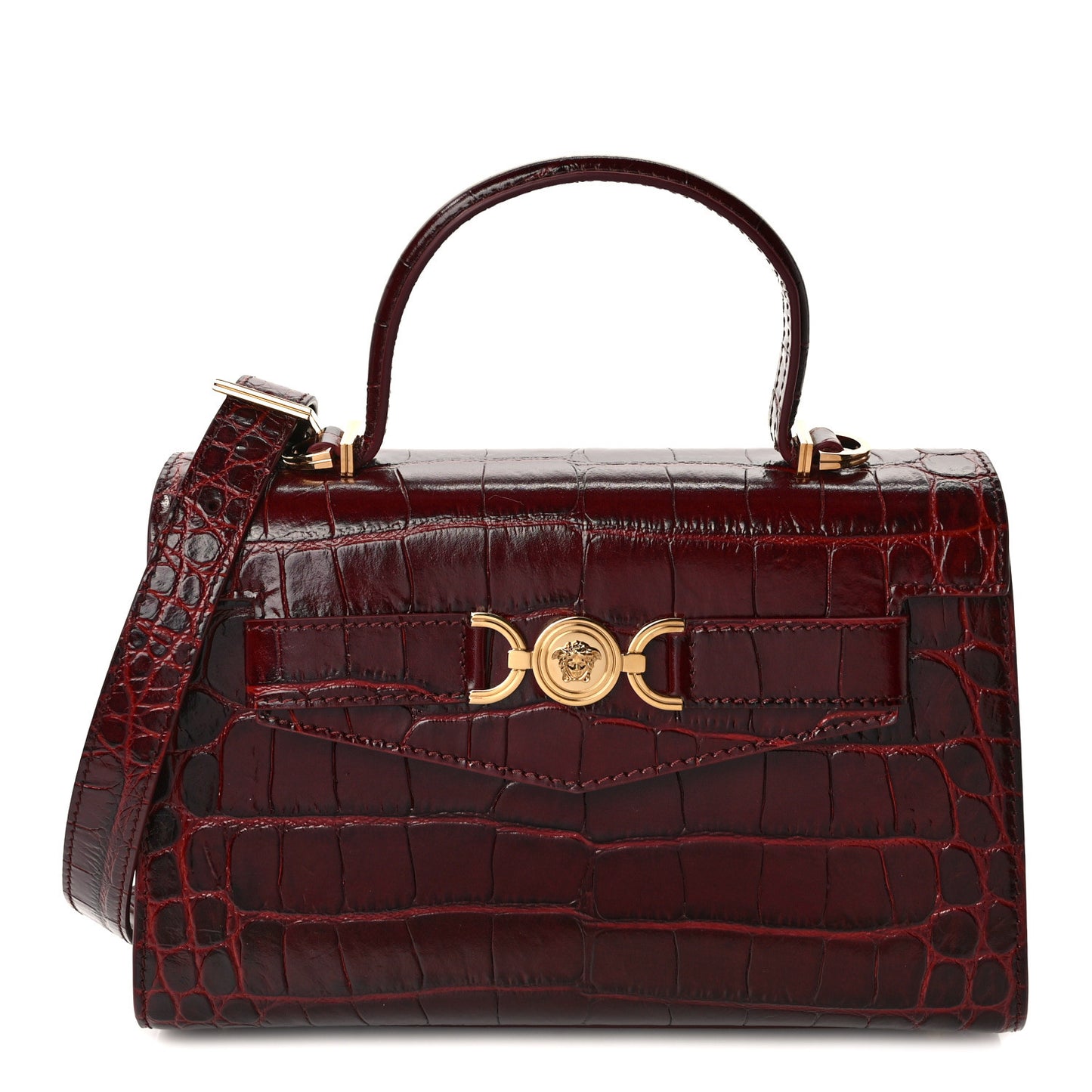 Calfskin Crocodile Embossed Small Medusa '95 Top Handle Bag Burgundy
