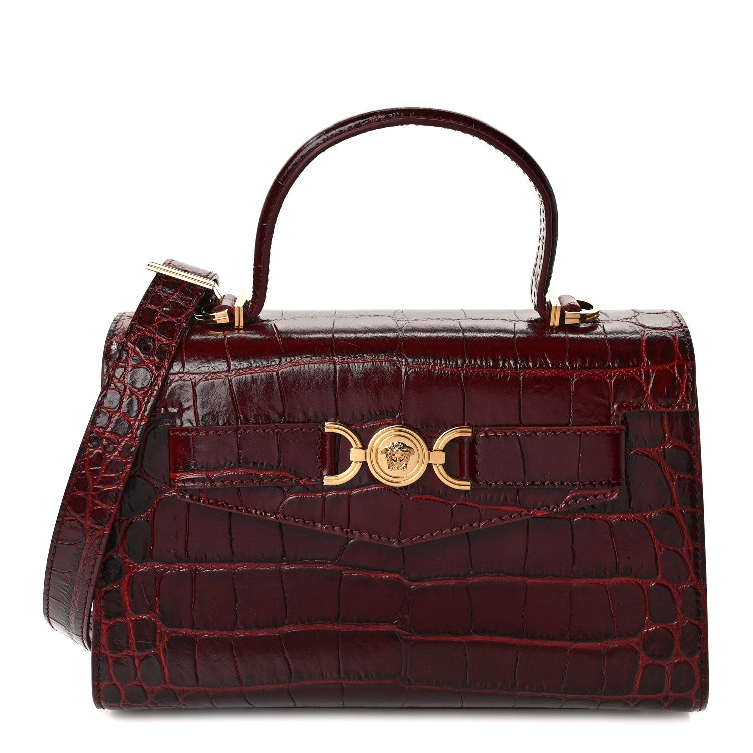 Versace Calfskin Crocodile Embossed Small Medusa '95 Top Handle Bag Burgundy 1 of 8