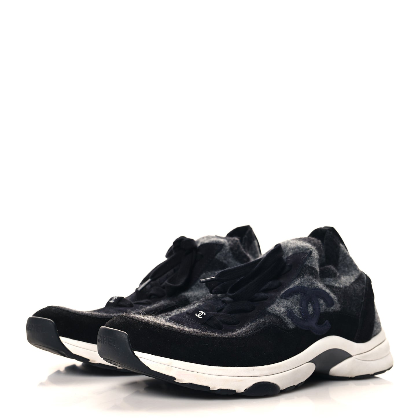 Knit Fabric Suede Calfskin Womens CC Sneakers 40.5 Grey Black