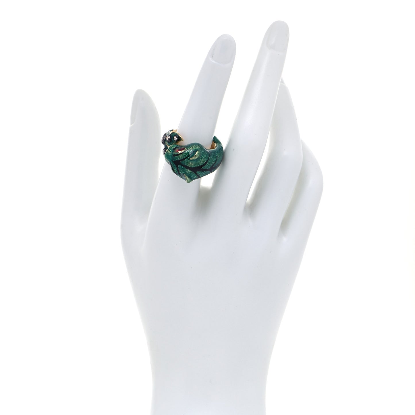 18K Yellow Gold Diamond Enamel Le Marche Des Merveilles Tiger Head Ring Green 54 7